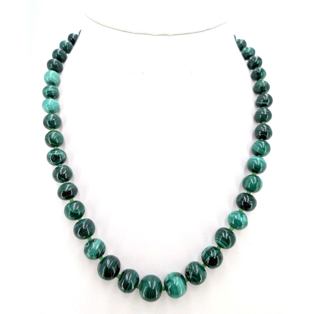 Vintage Malachite Stone Bead Necklace Green Banded Graduated Round Beads 20 in